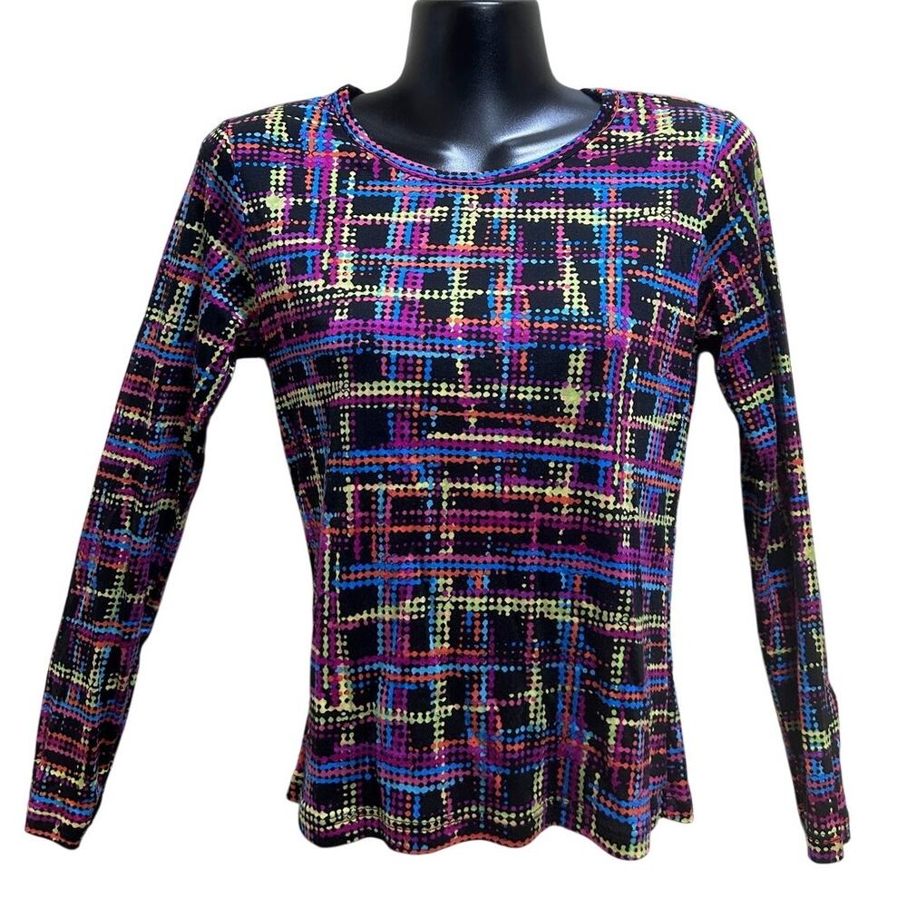 Lynn Ritchie Silk Blend Long Sleeve Top S Colorful Abstract Grid Y2K Stretch - Picture 3 of 6